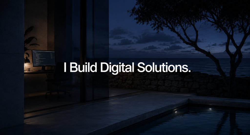 I Build Digital Solutions - Luxury Poolside Night Workspace